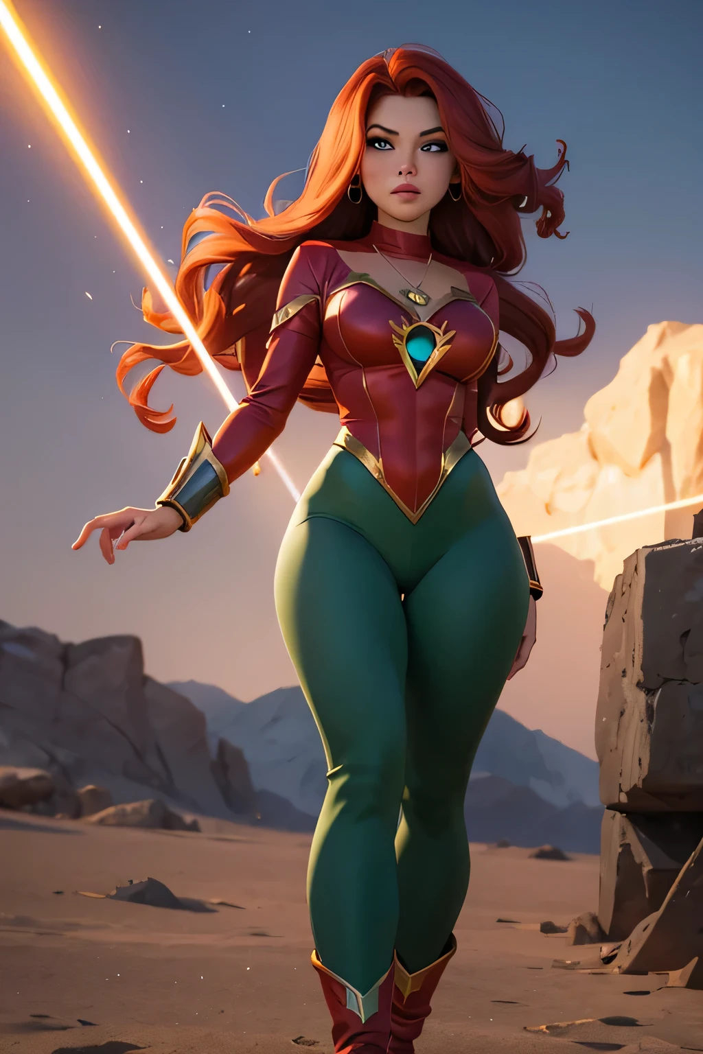 A dynamic scene of Legacy Lady, a superheroine, firing a powerful cooling beam from her pendant. She stands confidently, her long hair flowing, as the beam freezes her enemies in their tracks, She has very long shining redhead and outward curl hair, She wears a long-sleeve leotard, high-cut pants, and thigh-high boot tights. Her costume is all shining green. Adorned with an emerald pendant, ruby and sapphire rings, and a diamond bracelet.