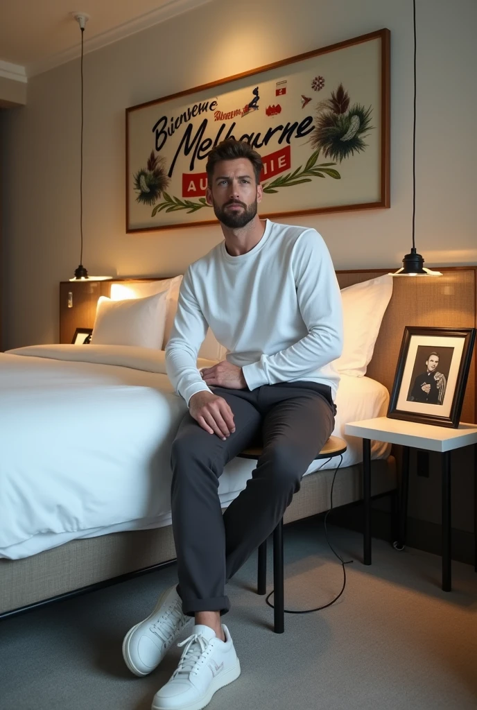 Homme caucasien grand de taille, charmant, un peu costaud, habillé en pantalon et tee-shirt manche longue, assis ou adossé sur une table dans une grande chambre d'hôtel, sur la table qu'il y ait également un papier mouchoir déjà utilisé sur la table et sur le lit de l'hôtel qu'il soit déposer un grand cadre photo ou un cadre photo légèrement grand qu'il est possible de faire arrêter sur le lit et faire face à la caméra et sur le mur du chevet du lit un tableau sur lequel il est écrit en français : Bienvenue à Melbourne AUSTRALIE et autour de la phrase qu'il y ait les emblèmes du CANADA QUÉBEC ou le drapeau du CANADA QUÉBEC