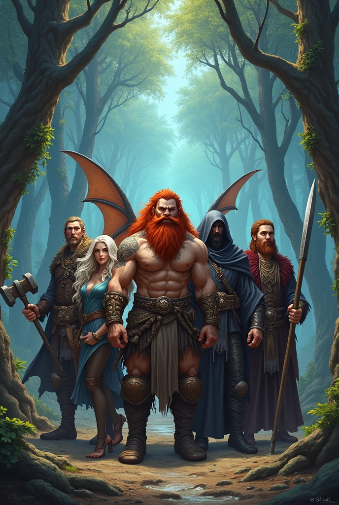 A group of six members, including, A dwarf, a red-haired beast with an axe, a male elf with dragon wings and white hair, a witch with a staff and brown hair, a tall, strong man with aspects of a merman with black hair and beard, wielding a sword, a girl with red hair and claws, a bald man with a black beard, sword and shield