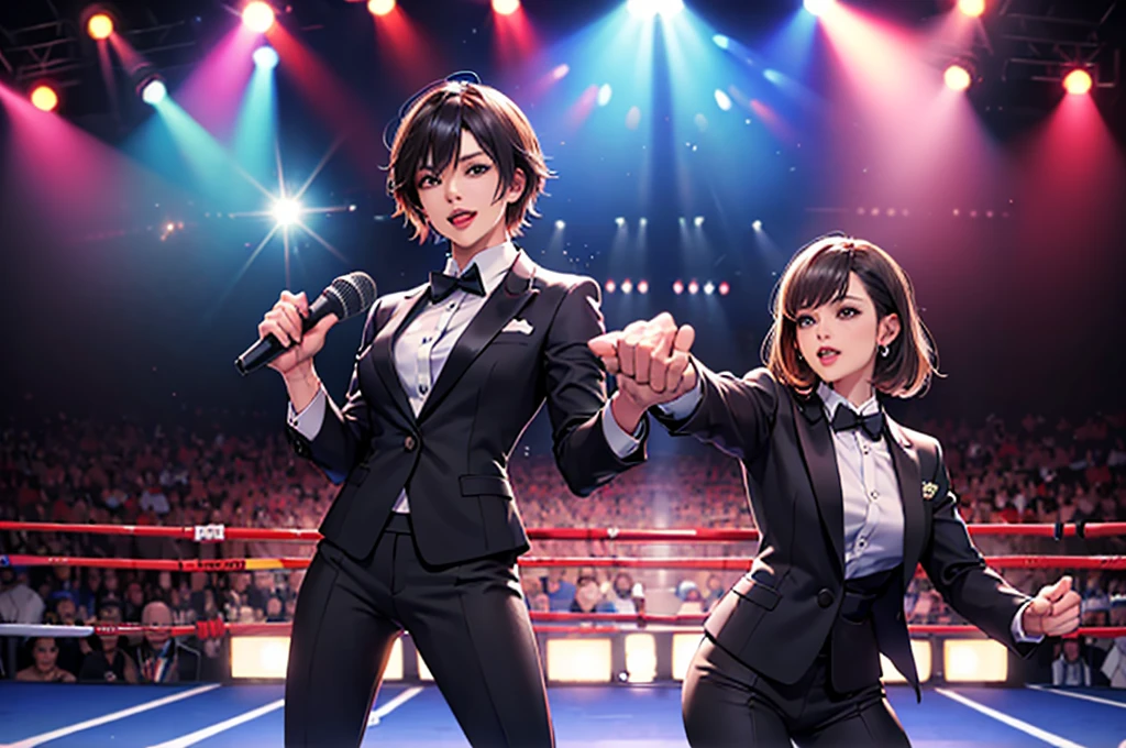 On the boxing ring, (Many viewers:1.3) , (A female presenter wearing a suit, holding a microphone on stage.:1.3) ,