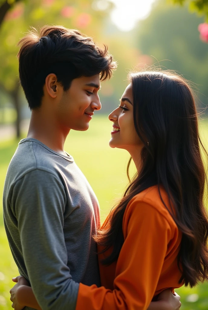 An 17 year old Indian slim medium long haircut young boy wearing a grey shirt is sitting with an 18 year old Indian beautiful young girl romantic scene
Front face photo
