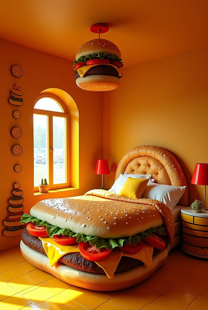 Design a whimsical bedroom where everything is made from burger-related items. The bed is a giant burger, with layers of buns, cheese, lettuce, and patties forming the mattress. The walls are constructed from stacked burgers and slices of melted cheese, giving a cozy and delicious feel. Pillows are crafted from soft mashed potatoes and slices of ripe tomato, adding a splash of red and yellow. The clothes hanging in the room are made from burger wrappers, crinkled and textured like paper. The floor is covered in tiles that appear to be made from rich tomato soup, with a shiny, liquid-like surface. The room should feel playful and inviting, with warm, rich colors and textures that make it look like a true burger lover’s paradise."