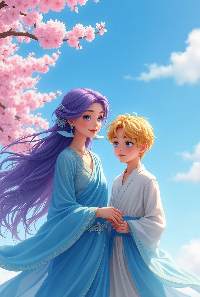 A beautiful girl, with pirpal hair, with white eyes, with skyblue sari,parfoce with arose a handsome boy with same age, with yellow hair, with sky blue eyes, his toller then girl