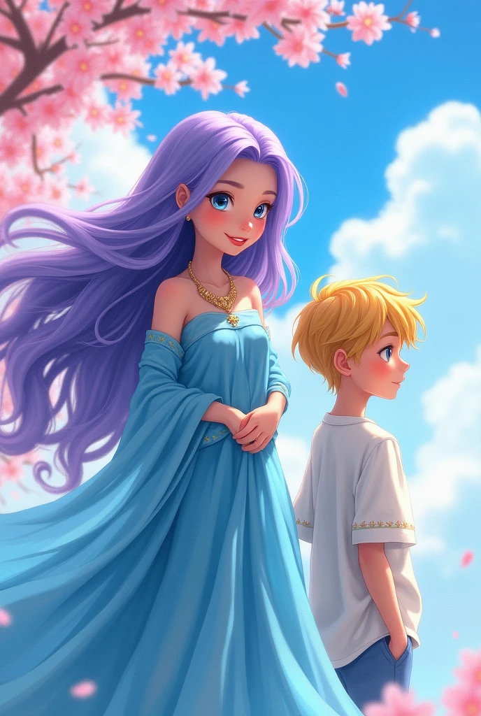 A beautiful girl, with pirpal hair, with white eyes, with skyblue sari,parfoce with arose a handsome boy with same age, with yellow hair, with sky blue eyes, his toller then girl