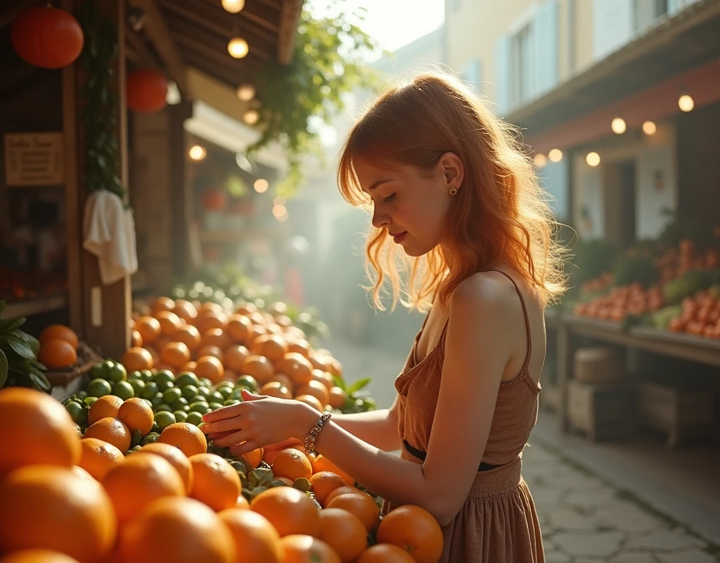 girl, age 25, Light red hair, shopping at a village market. Picking oranges.Provence. haze. 超detailded. Provence. Foggy . High grain film. retro photography, David Hamilton Style. Analog photography. grainy. nymph.