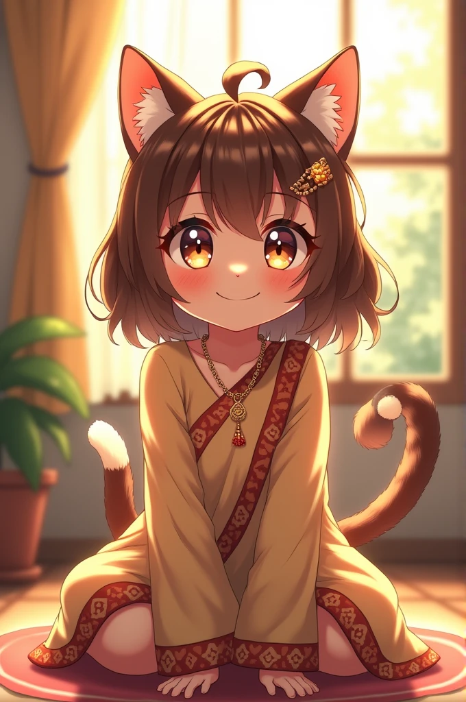 One of the cats, crystal eyes, Cat ears, Cat's Tail, Brown medium hair, Day焼け肌, cute, (Grin:1.2), (lips:0.7), Large Breasts, Completely naked, hair ornaments, Leaning forward, Sitting, Indian Style, indoor, window, Day, Natural light, Sharp focus, Cowboy Shot, (Brown theme:1.1), (brown tone:1.1), Bright Red, figure, (Anime Coloring:1.1), break (masterpiece:1.2), (Highest quality:1.2), up to date, (Intricate details:1.2), AI-generated,