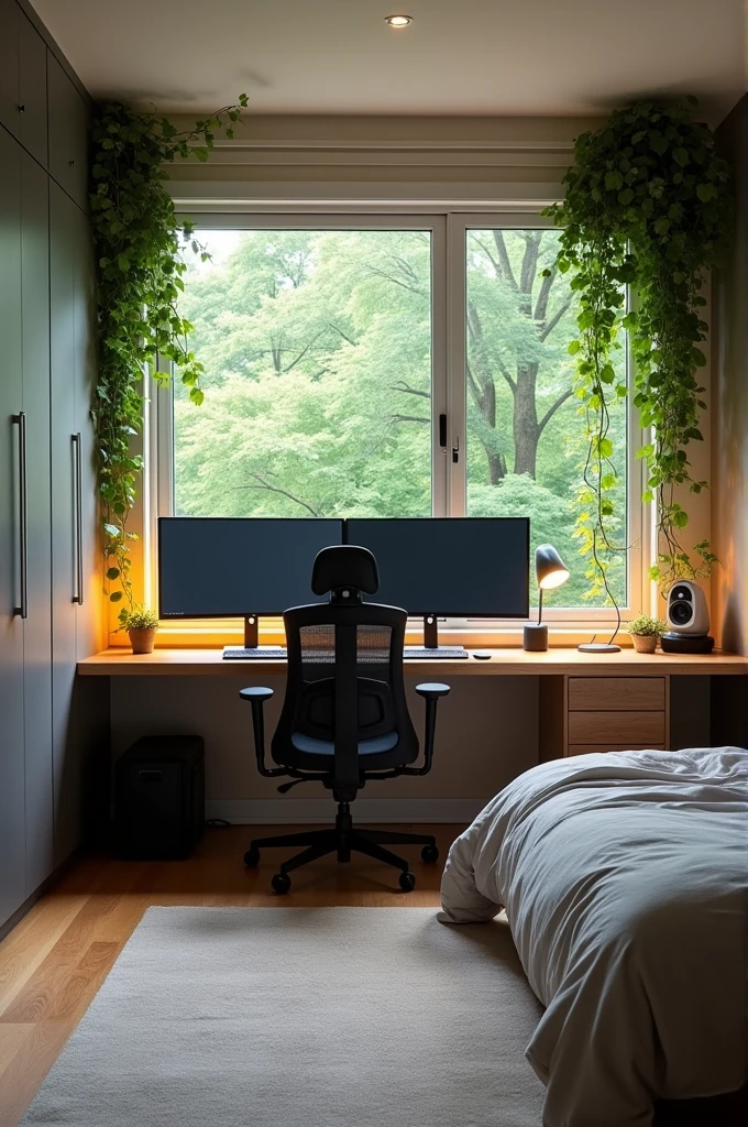 programmer&#39;s room. With a view of the park and a chair, Chair, Wardrobe, A bed, A carpet in the center and a wild plant on the wall. And everything for a programmer on the table, two monitors are a must. Minimalist style 