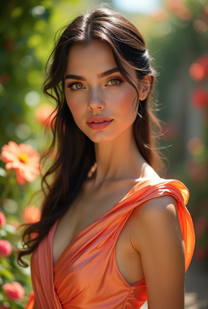 (masterpiece, best quality:1.5), highest quality, High resolution, super detailed, Realists, Full body photo of a 22 year old European brunette woman, detailed and beautiful eyes, beautiful detailed lips, very detailed eyes and face, longeyelashes, A 22-year-old woman is wearing a long dress made of shiny satin fabric, Beautiful and colorful makeup, elegant and noble々Pose, Gardens as background, soft daylight, bright colors, Fine fabric for dresses, beautiful color palette, glowing skin, First-class rendering, that captures every detail, enchanting atmosphere, subtle shadows and lights, (perfect anatomy:1.2), (The stunning 22-year-old woman presents herself (magnificent panorama view:1.2)