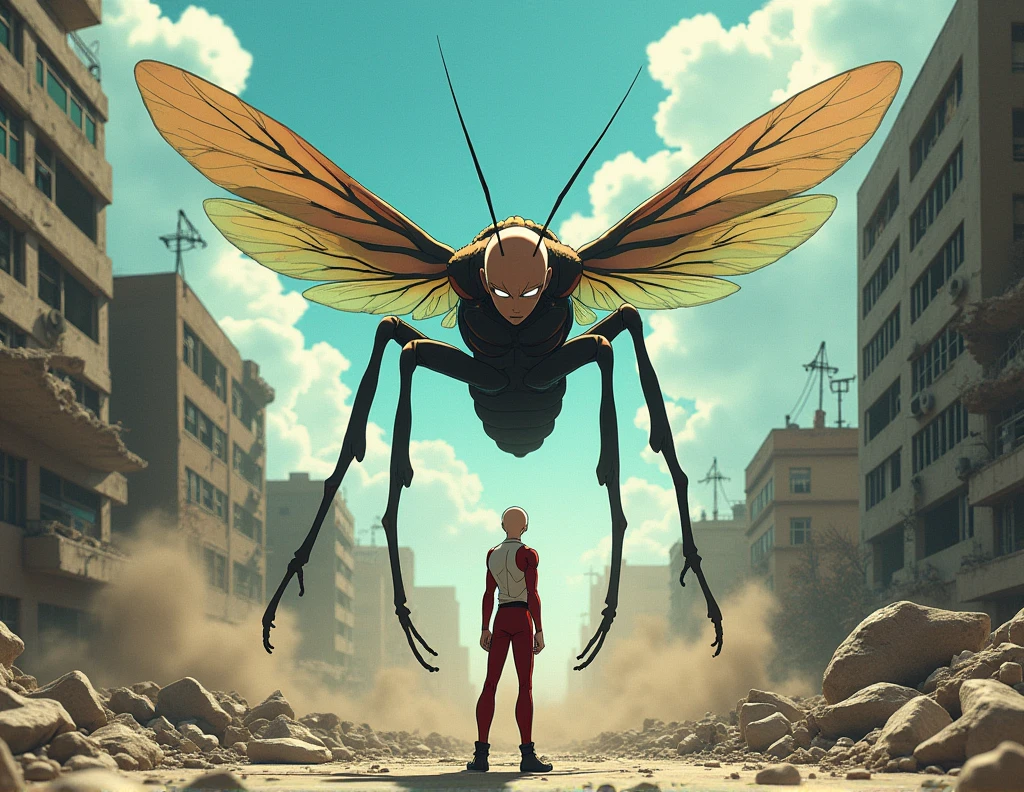 saitama one punch man tremble in fear, fighting with giant muscle serious mosquito over them