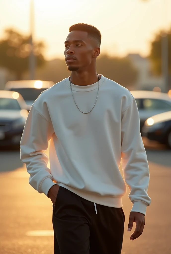 best qualityer:1.4), (ultra high resolution:1.2), (photorrealistic:1.4), (8k, CRU photo:1.2), a thin young man of 20 years old, light brown skin, with a smooth, beardless face, short American haircut on the sides and top, He's wearing a white sweatshirt, wearing black men's wide-leg pants, with a thin silver chain, he is in a parking lot as if he were walking, looking to the left