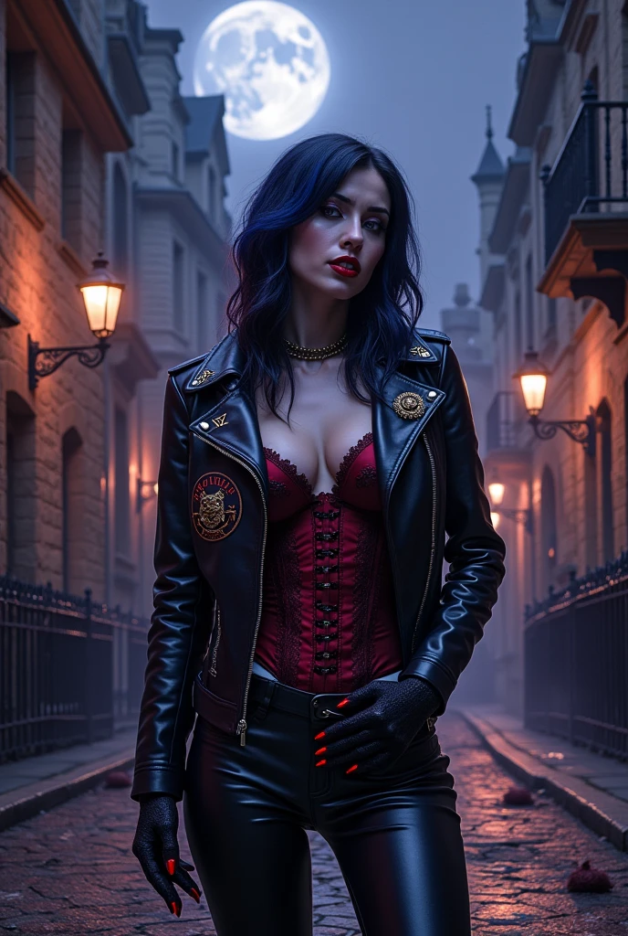 The image now depicts a seductive vampire standing on a moonlit cobblestone street in an old European city. Her leather jacket remains, but it's now adorned with ancient occult symbols and a "NIGHT STALKERS" patch. Her crop top is replaced by a deep red corset, and her jeans by tight black leather pants.
Her skin is unnaturally pale, contrasting with blood-red lips and elongated fangs barely visible as she smirks at the viewer. Her eyes glow with an eerie amber light, and her wavy hair now has streaks of midnight blue.
The background transforms into a misty, gothic cityscape. Gas lamps cast a flickering, ominous light on crumbling stone buildings. Gargoyles leer from rooftops, and wrought-iron fences line the street. The motorcycle in the foreground becomes a sleek, black mechanical beast with glowing red accents.
Shadowy figures lurk in doorways, hinting at a hidden vampire society. A full moon hangs low in the sky, bathing the scene in an otherworldly silvery light.
The color palette shifts to deep purples, inky blacks, and rich crimsons, creating an atmosphere of supernatural allure and danger. Wisps of fog curl around the vampire's feet, adding to the mystical ambiance.
This reimagined composition maintains the confident pose of the subject but infuses the scene with elements of gothic horror and vampire lore, transforming a modern urban setting into a timeless realm of dark fantasy.