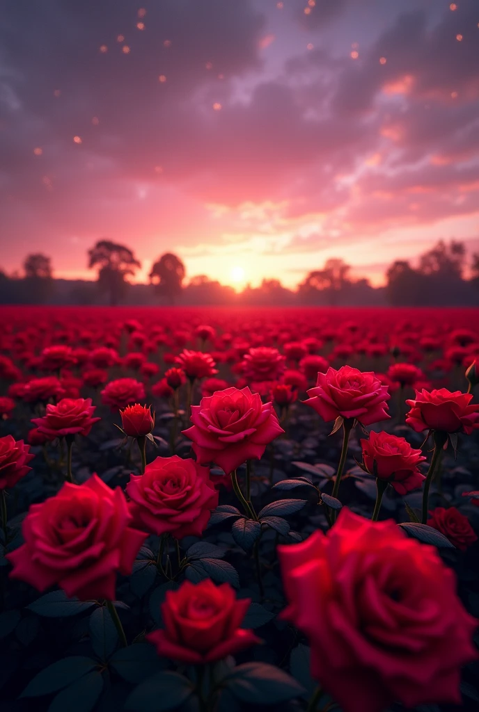 Deep red roses, twilight, lights, a field of roses in full bloom, beautiful in every detail, gorgeous
