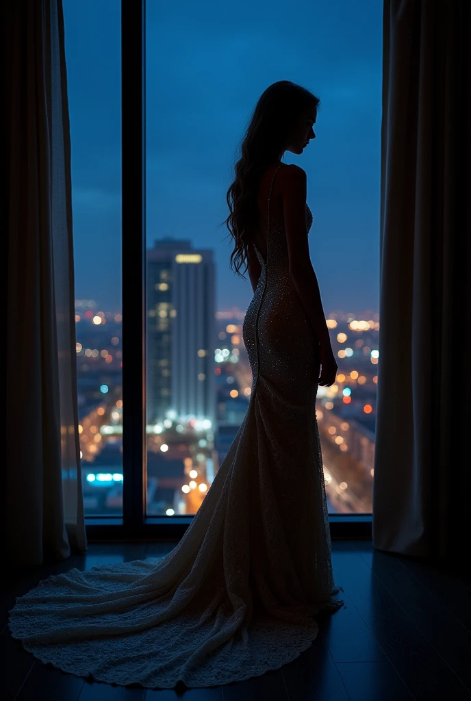 A girl in a long, form-fitting dress, bathed in the soft light of the night, side view. The highest quality of detail, against the backdrop of the night city, seen through a large window in a room with dim light.