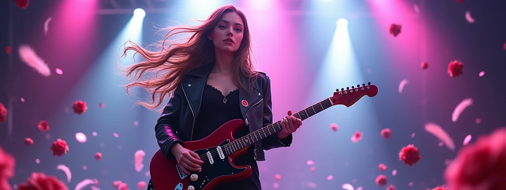 A wide, anime-styled scene featuring a female guitarist on stage. The background is a moody, dimly lit stage with soft, flowing fabric in deep purples and midnight blues. Bright white and pink spotlights sharply contrast the surroundings, cutting through the smoke-filled air. The female guitarist has long, wavy light brown hair, wearing a black leather jacket over a fitted dress. She has a confident expression, with a slight smile, light skin tone, and a strong yet elegant presence. She plays an electric guitar with passion, her tattooed arms visible as she strums. Glowing sound waves and musical notes ripple outward from her instrument, merging with abstract visuals of roses and feathers, creating a powerful and emotional atmosphere.