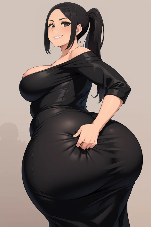 High resolution, a mature hispanic girl, (((bimbo))), thick, long black, ponytail, she is smiling , very big wide hips, thick thighs, hourglass figure, small round breast, wearing a black dress which is tight and comes to just below her butt, view from random angle