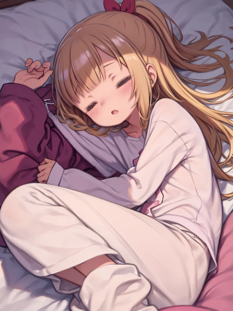 irohaisshiki, iroha isshiki, long hair, brown hair,  smile,blush ,girl sleeping with both eyes closed，smile，Bedroom， windows，romantic starry sky，A meteor crosses,T-shirt,dark underwear,sleeping in bed,night,sleep with your head on the pillow,Sleeping lying on your back in bed,dark room,night, break indoors, Bedroom, break (masterpiece:1.2), highest quality, High resolution, unity 8k wallpaper, (shape:0.8), highly detailed face, perfect lighting, Very detailed CG, (perfect hands, perfect anatomy),