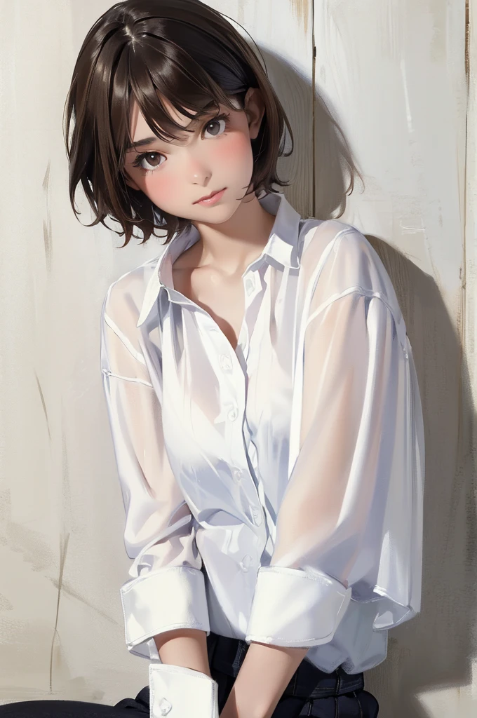 High Definition, Beautiful Japanese Idol Teenage Girl with Dark Hair, Dark Beautiful Droopy Eyes, ((Very Short Hair)), Silk Skin, Blush, Bashful Face, Photorealistic, Portrait, Masterpiece Painting, One Woman (White Shirt:1.5), Flat Breasts, 8K, Leaning Against White Wall, Shadow, High Contrast