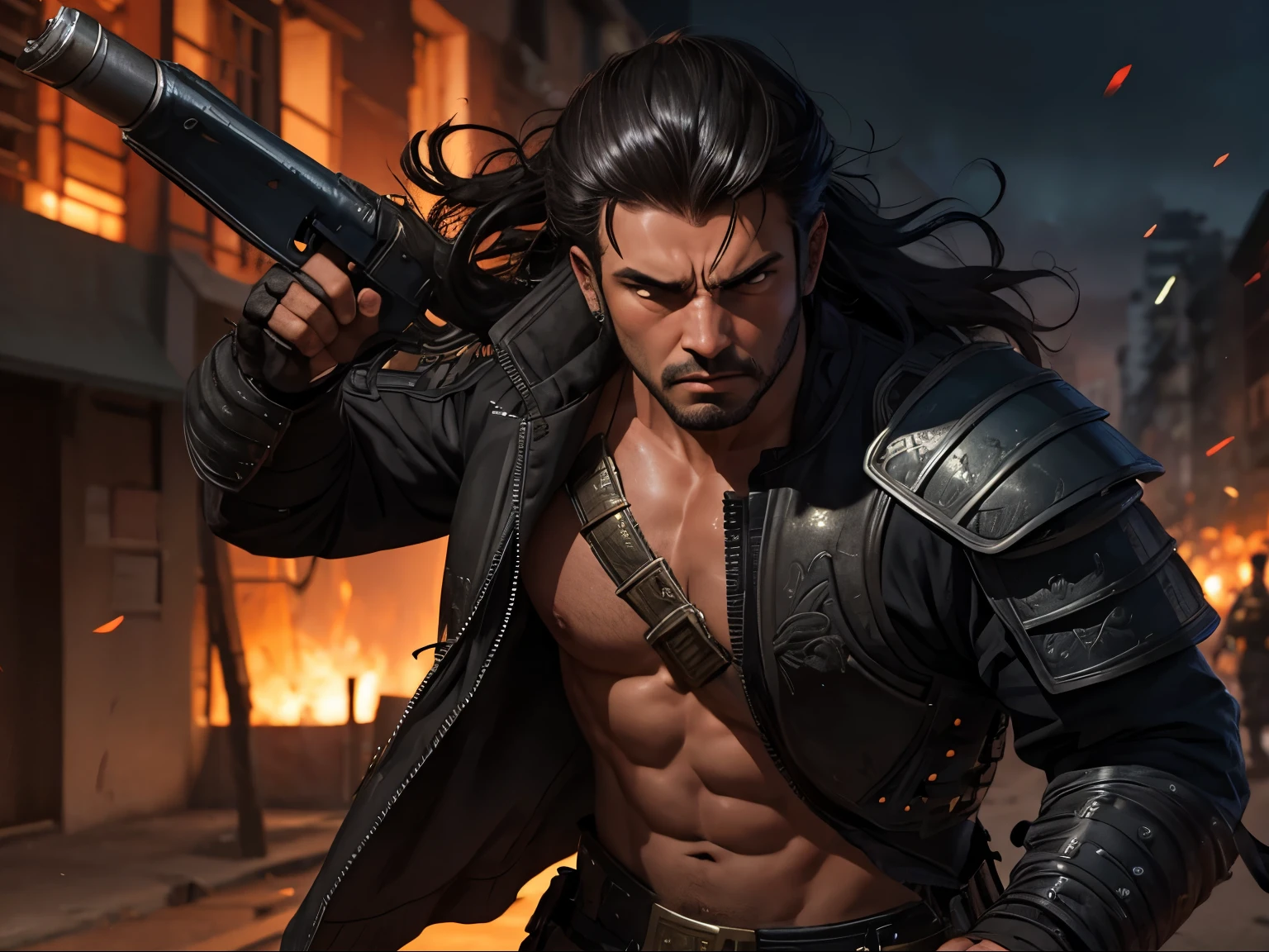 Male lieutenant of a bandit gang; Rio de Janeiro; 1999 year; unruly, harsh hair; weapon; body armor; abstract background; anger; Fury