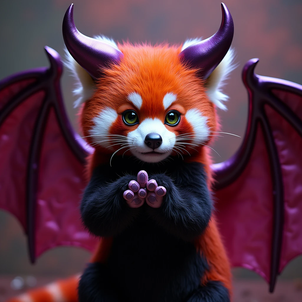 Fluffy red panda female, paw, Paws facing the viewer, Flirty green eyes, .Metallic purple transparent latex coat.devil horns.Smooth inflatable big devil wings