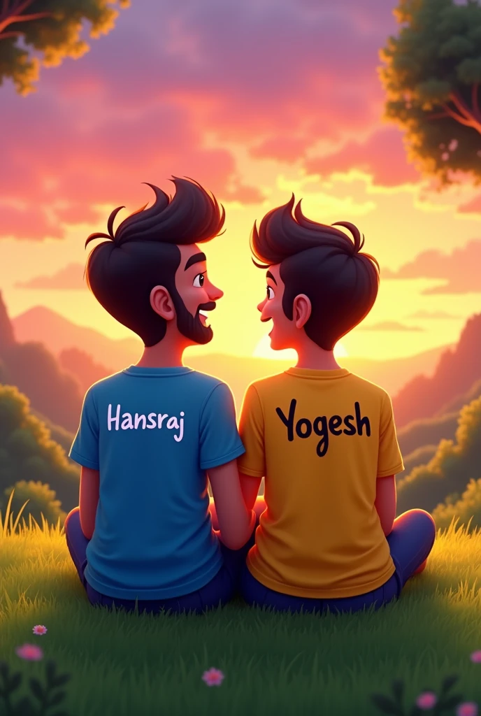 2 friends siting on the grass enjoying the view of sunset, one boy name "HANSRAJ" written on the shirt and another boy name "YOGESH" written on the t shirt 2d cartoon back