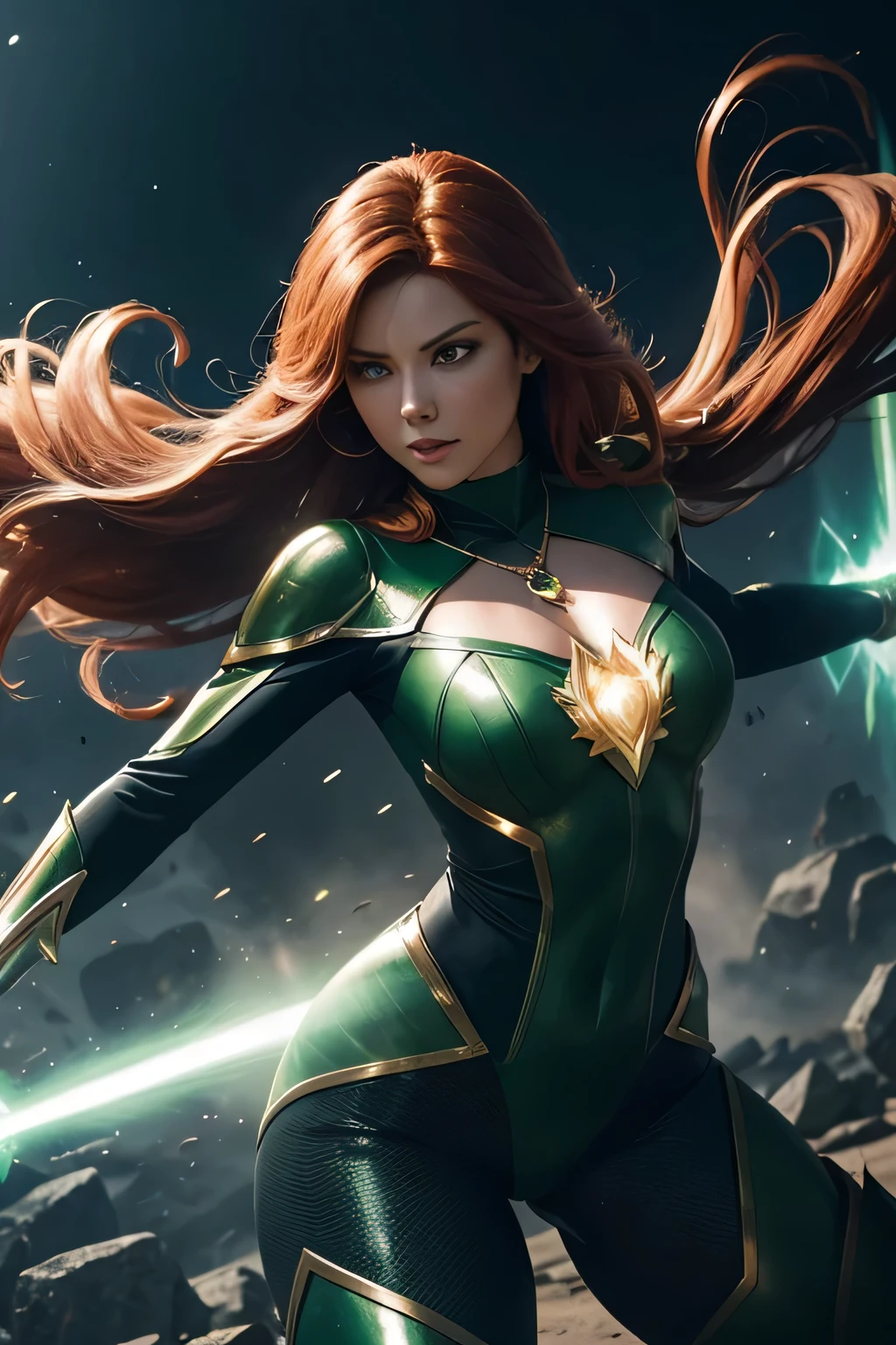 A dynamic scene of Legacy Lady, a superheroine, firing a powerful cooling beam from her pendant. She stands confidently, her long hair flowing, as the beam freezes her enemies in their tracks, She has very long shining redhead and outward curl hair, She wears a long-sleeve leotard, high-cut pants, and thigh-high boot tights. Her costume is all shining green. Adorned with an emerald pendant, full body shot, Legacy Lady, a superheroine, creating a glowing energy shield from her pendant to block incoming attacks. She stands firm, her eyes focused, as the shield deflects enemy projectiles