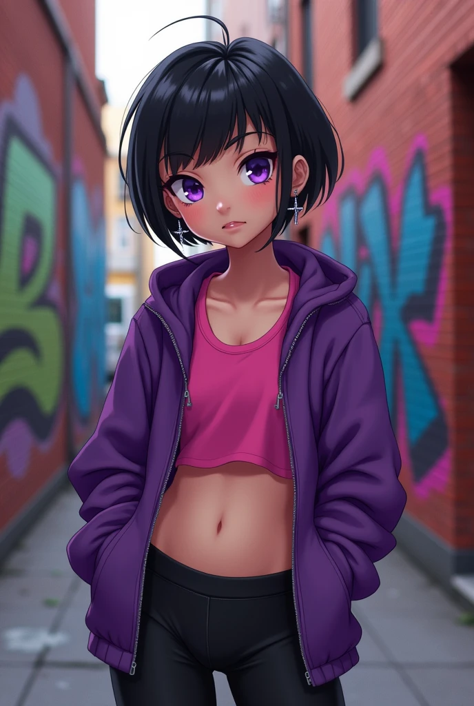 1girl, solo, bibi, black hair, short hair, purple eyes, navel, midriff, cross earrings, purple jacket, pink top, black leggings, <lora:Bibi__Brawl_Stars
