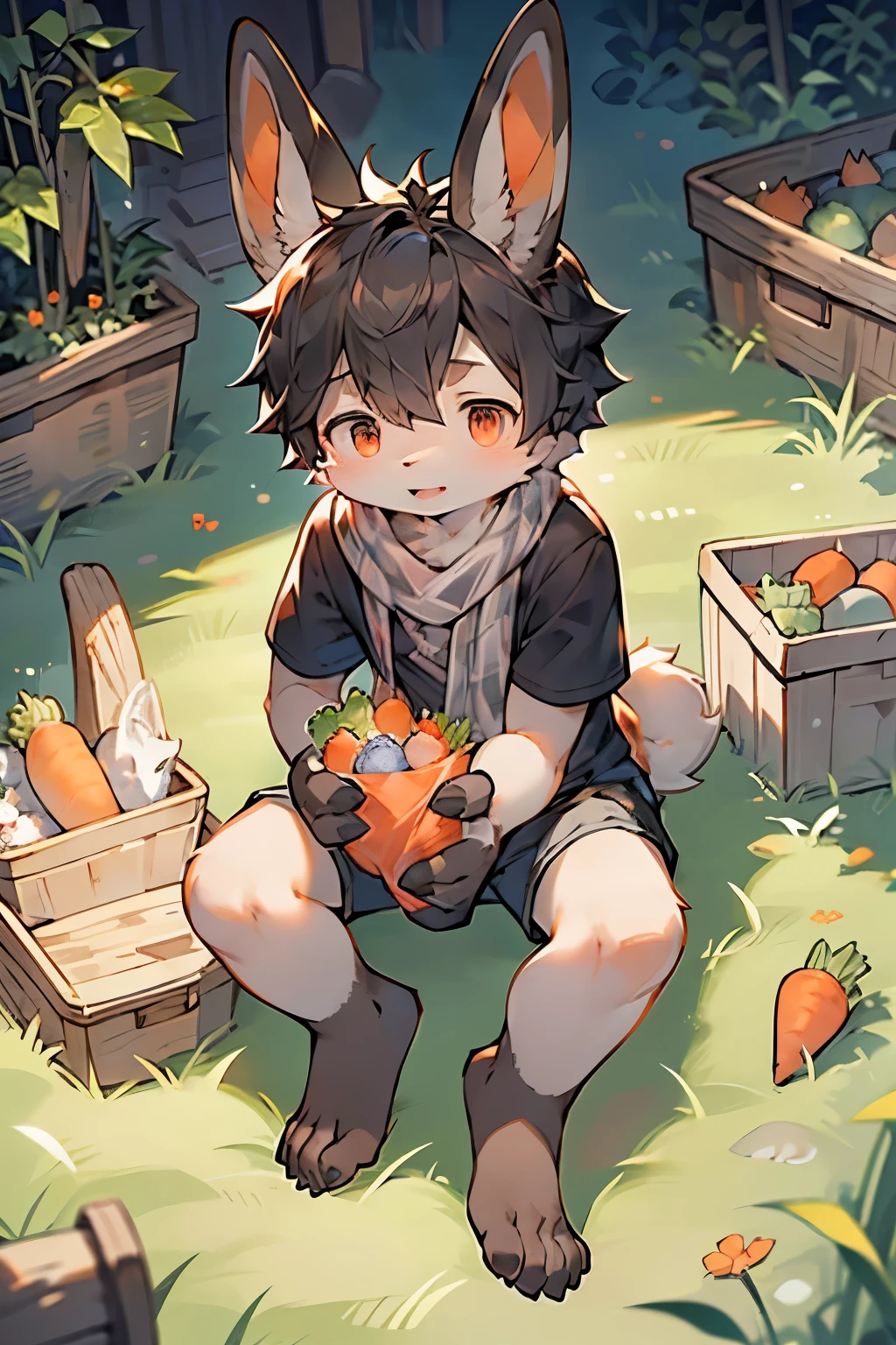 Dwarf Rabbit Boy，Bunny ears，Furry boys，Infant and child characteristics，White skin，Gray Arm，Little Feet，Red pupil，scarf，Short sleeve，shorts，vegetable garden，Carrot pile