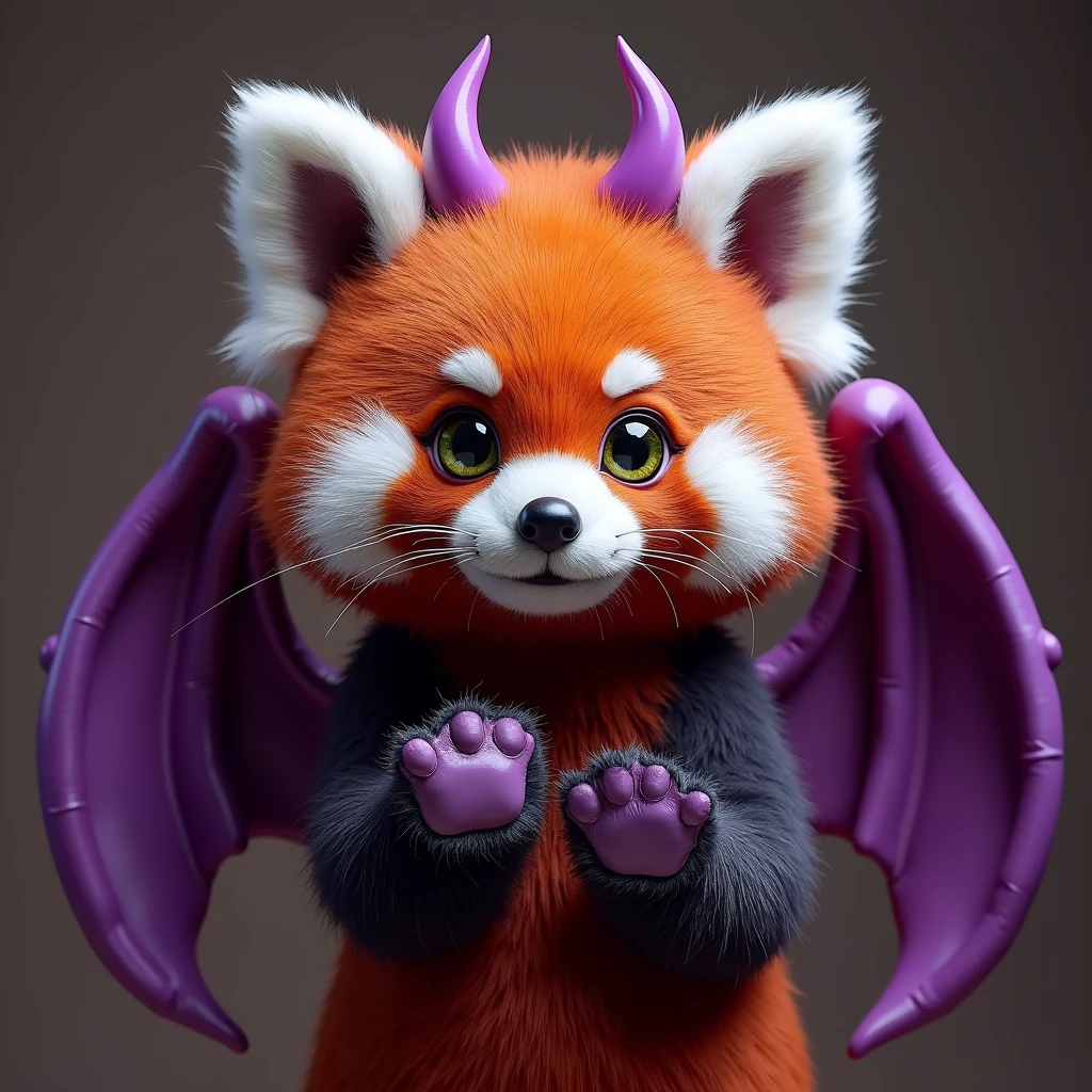 Fluffy red panda female, paw, Paws facing the viewer, Flirty green eyes, .Metallic purple transparent latex coat.devil horns.Smooth inflatable big devil wings