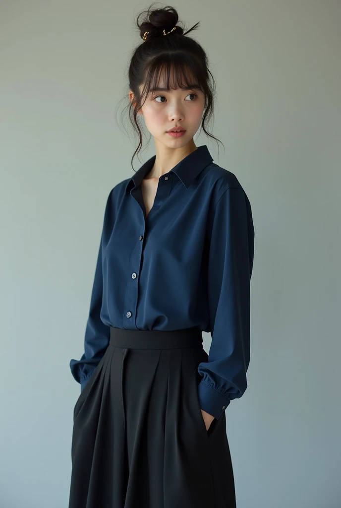 beautiful girl, American Chinese, with blue eyes and bangs, hair bun with chinese hairpins, 22, Dark blue shirt, Black long culotte skirt, Comfortable loafers, outfit Stylish Elegant Comfortable Confident Minimalistic Restrained Classic Modern Practical Laconic; courageous character, Kind, Brave, determination