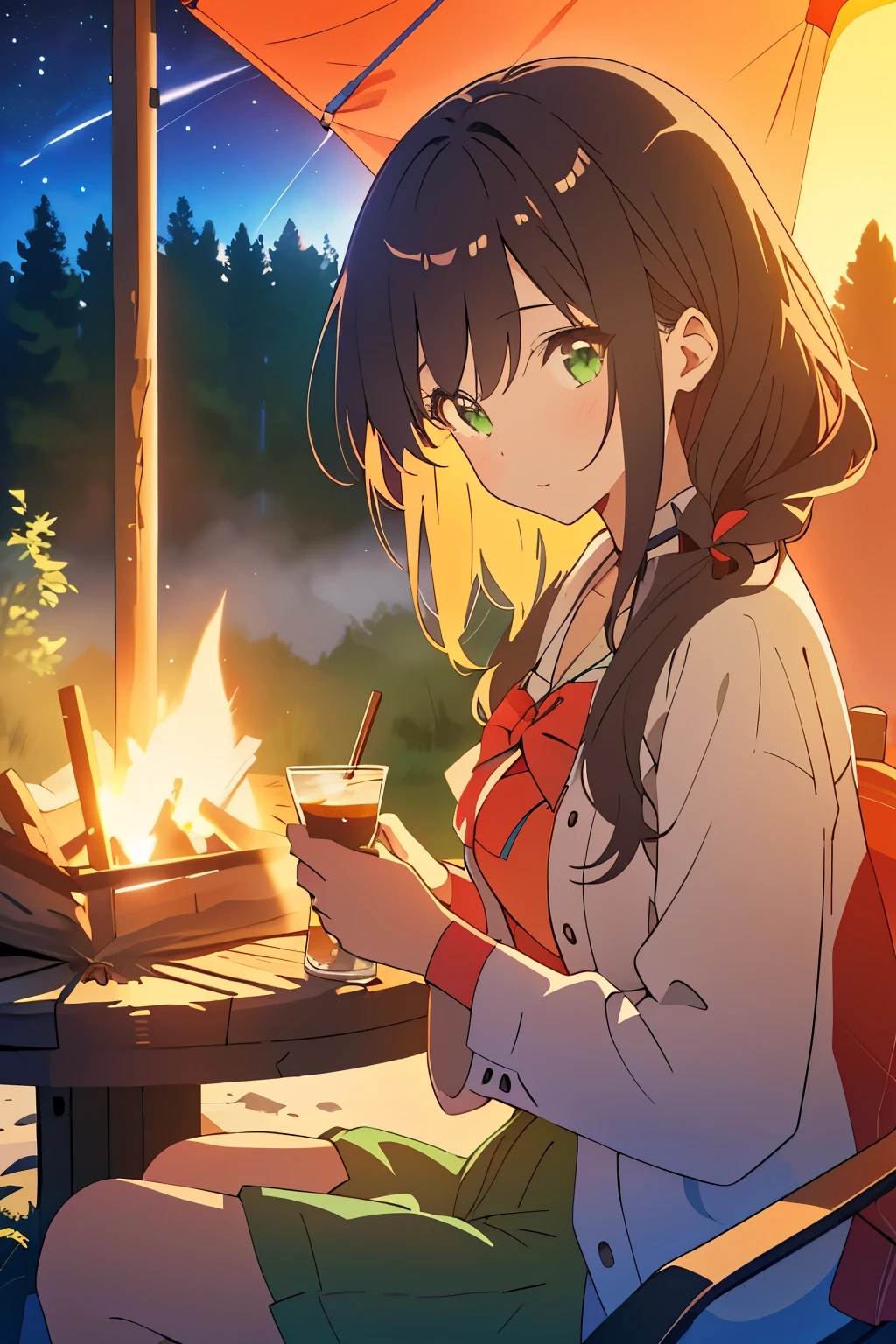 ((masterpiece, Highest quality, High resolution, 超High resolution, Pixel perfect, Written boundary depth, 4K, RTTX 10.0, High resolution))), 1 person, single, alone, Beautiful Anime, Beautiful art style, Anime characters, ((Shortcuts, bangs, Dark brown hair)), ((Green Eyes:1.4, Round eyes, Beautiful eyelashes, current eyes)), ((Smooth texture:0.75, Anime CG style)), ((Dynamic Angle, close)), Perfect body, (cute), Normal chest, whole body, ((4K, 8k, Highest quality, Perfect Fingers: 1.3, Perfect Anatomy: 1.3, Background Blur)), whole bodyアングル, An illustration of people camping, The character is sitting in front of a tent at a campsite, wearing casual outdoor clothing., She is relaxing by the campfire, Marshmallows are being roasted, Holding a warm drink, The background features a lush forest and a tranquil lake, The night sky is full of stars, Overall, spending a relaxing time in nature, A scene with a comfortable atmosphere