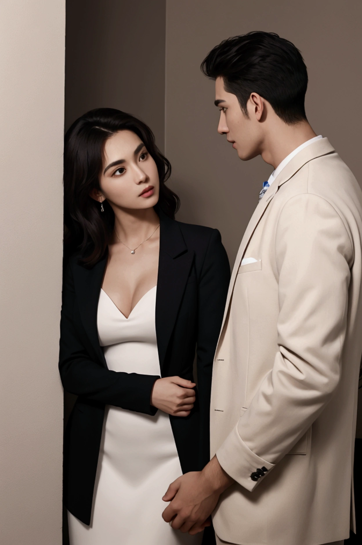 A handsome man talking to a beautiful woman with one hand on the wall