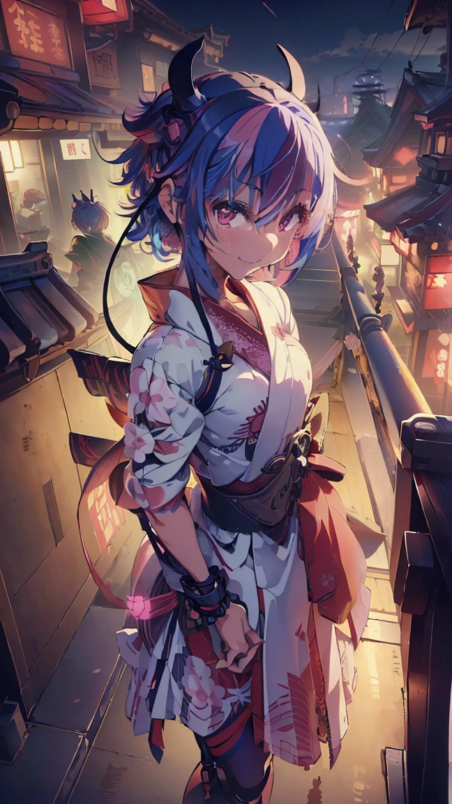masterpiece, Highest quality, High resolution, Very detailed,(((Mikoto Naruka))), (((smile)))、(((Standing in the distance))), (((yukata))), (((rooftop))), (((Red railing))), (((Lantern))), (((night))), (((cyber punk))), (((Multicolored Hair))), (((horn))), (((Pink Eyes)))