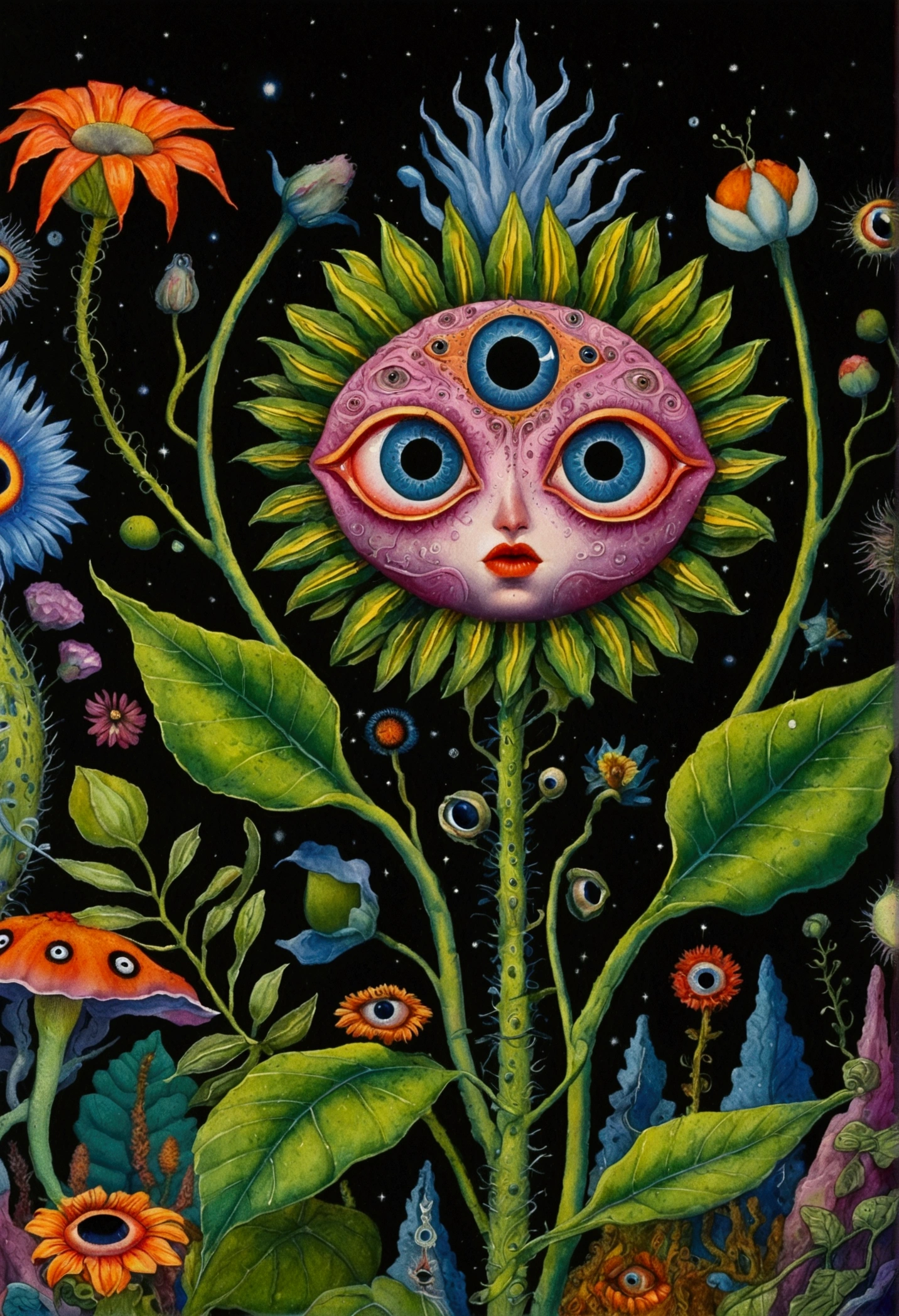 A painting,A flower with big eyes in the painting,Surrounded by plants, Psychedelic surrealist art, The holy grail of the eyes of the brain, Shaman horror LSD art, Psychedelic illustration, Pop surrealism, Surreal psychedelic design, Exotic plants and fauna, Exotic plants, Psychedelic Art, Highly detailed hyperrealistic art, strange plants, hallucinatory art, DMT art, Psychedelic Artwork