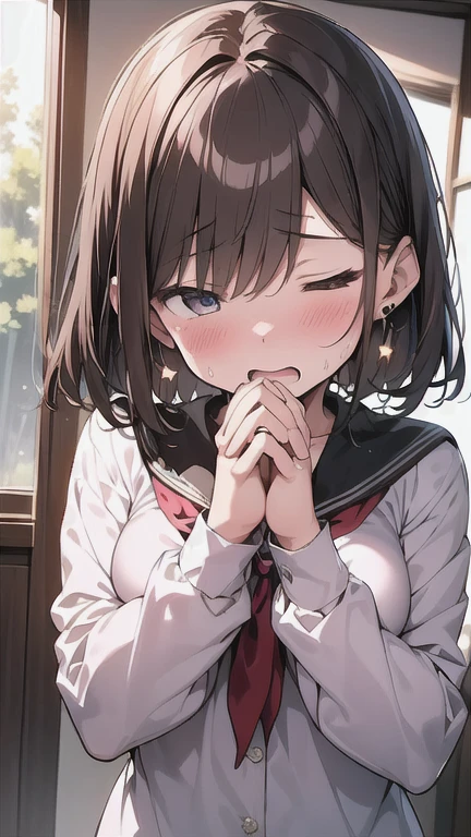 Let's think step by step,Highest quality、masterpiece、Ultra-high resolution、8k,Expressing an anime style、Soft Line Art、Digital Enhancement、shojo anime touch, shojo manga core, Flowing fabric、Soft Drawing、Ultra-Definition Digital Anime Art、Clear facial depiction、Super detailed girl cartoon character art、Ultra-detailed manga style、Highest qualityの色、One woman、(A woman with short brown hair)、 Wet Hair、Beautiful brown hair、Clear brown eyes、Slightly chubby、Small breasts、The butt is small、Summer clothes、(Upper body Focus)、In town、Being outside、Midsummer、Shower、(((Lightning glows、Surprised by an incredibly loud sound、Covering my ears with both hands to block out the sound、Scared、I closed my eyes tightly out of fear.)))