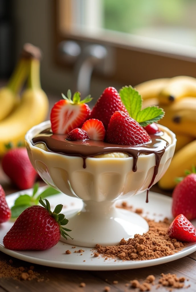 Banana mousse with strawberries, Whey Protein and chocolate topping in a dish. Around the dish, I want the ingredients arranged