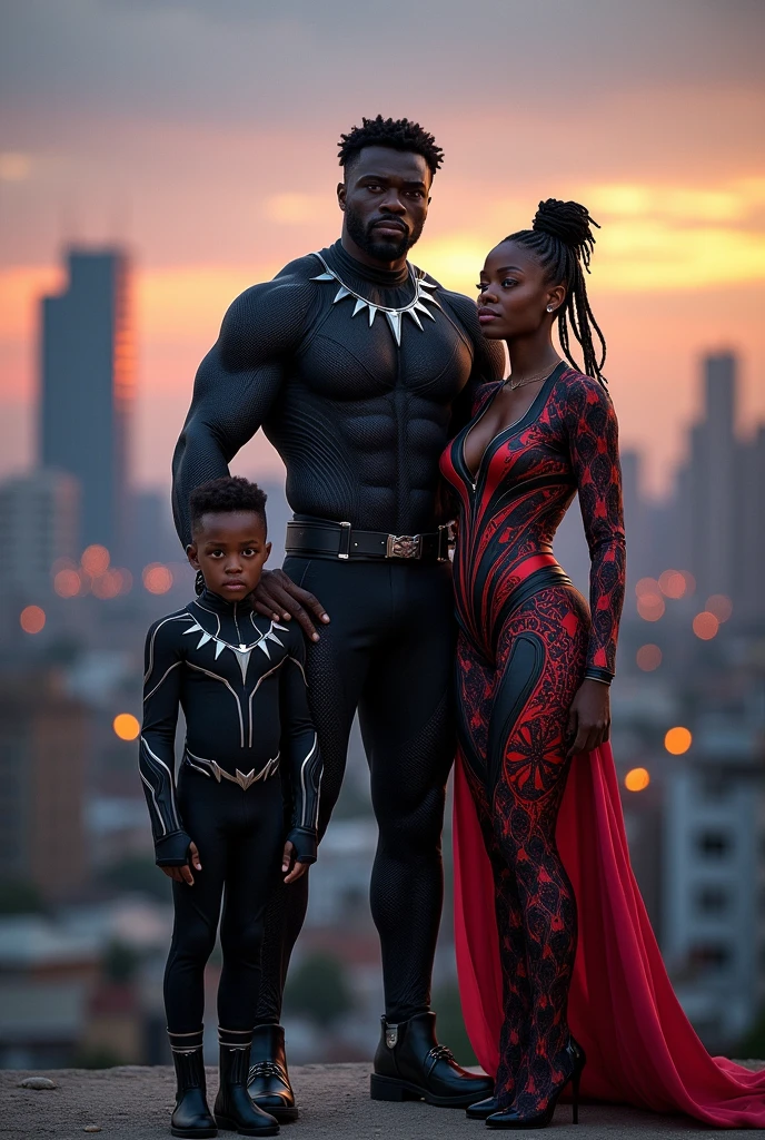 Black panther in hero costume with his son and wife but they all in costume 