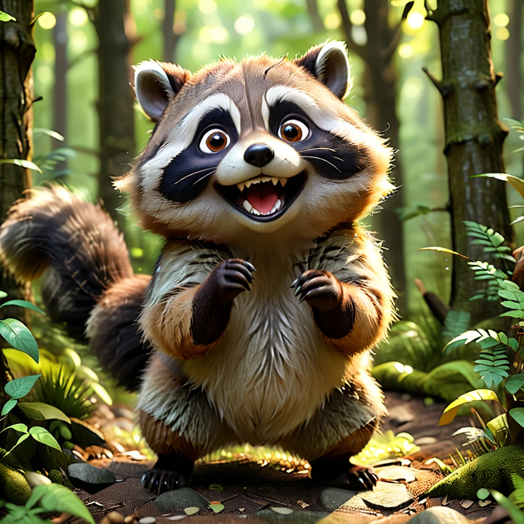 Raccoon (Tanuki)
A cute raccoon with black eyebrows and a bright face, tapping its round belly playfully in a forest. The raccoon has a mischievous smile, entertaining everyone around. The scene is designed in a Pixar animation style, highlighting the raccoon’s charming and fun-loving personality. --ar 1:1 --v 6.0 --3D render