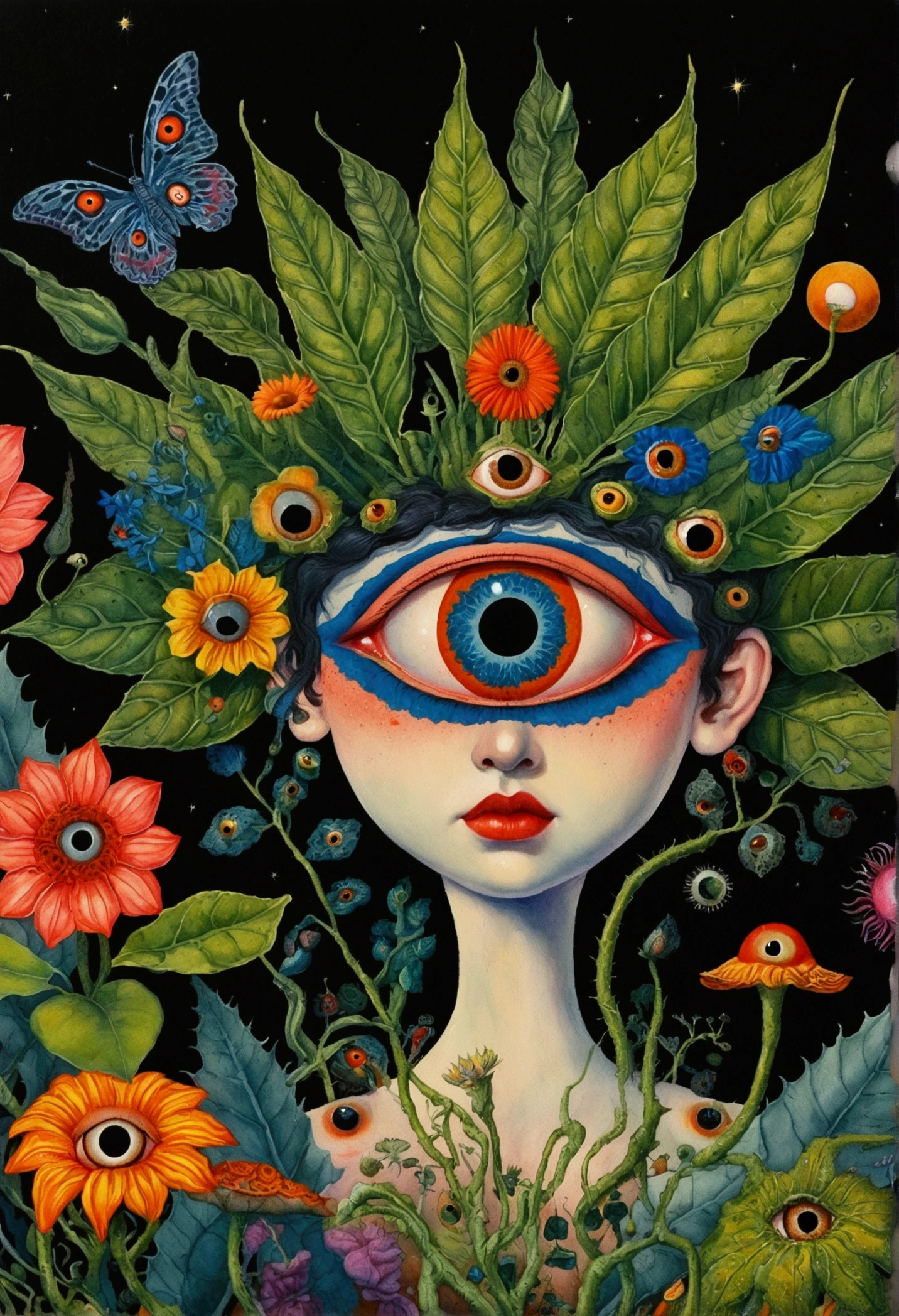 A painting，A flower with big eyes in the painting，Surrounded by plants, Psychedelic surrealist art, The holy grail of the eyes of the brain, Shaman horror LSD art, Psychedelic illustration, Pop surrealism, Surreal psychedelic design, Exotic plants and fauna, Exotic plants, Psychedelic Art, Highly detailed hyperrealistic art, strange plants, hallucinatory art, DMT art, Psychedelic Artwork