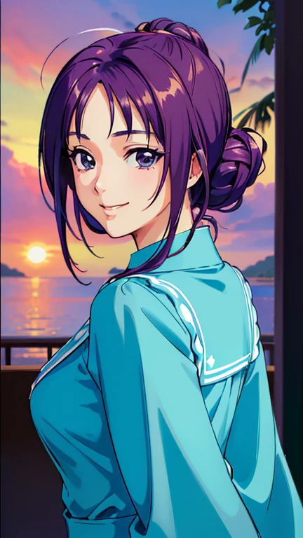((masterpiece, Highest quality, Highest quality, Official Art, beautifully、beautiful:1.2)),((masterpiece)),((Vibrant colors)),((Ayako Katagiri)),((幸せそうなsmile)),((smile)),((looks fun)),(one piece),(((Side bust))),(sunset)