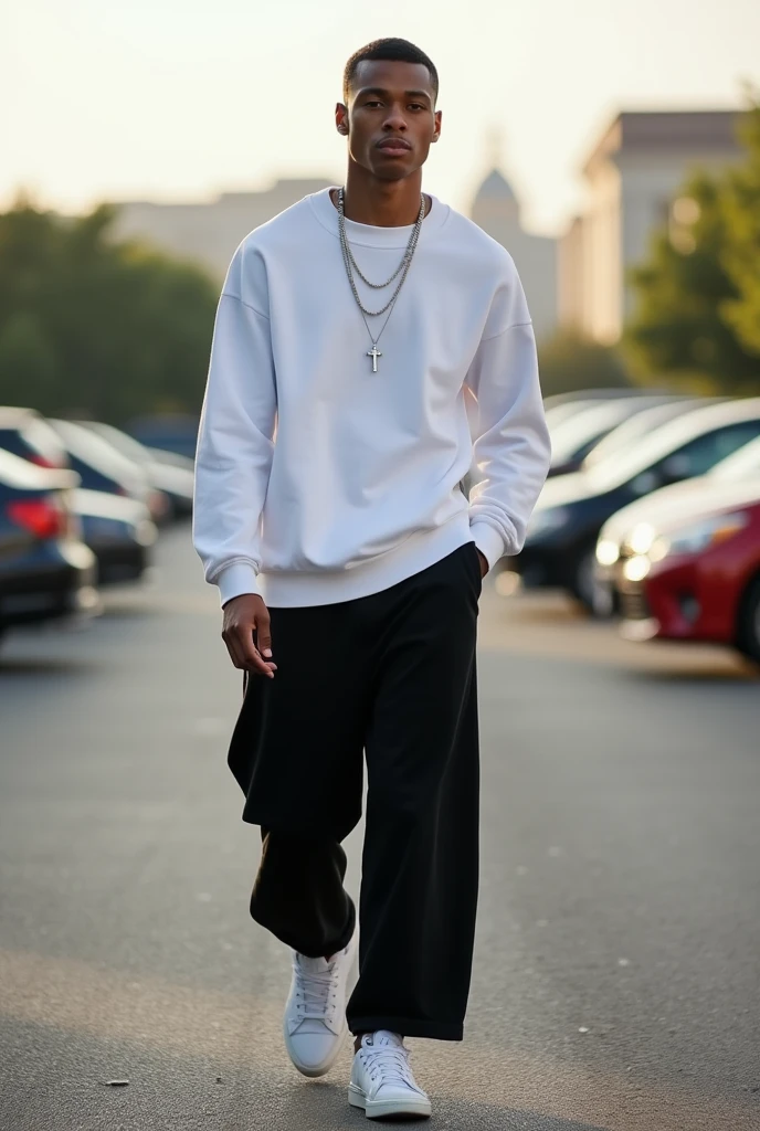 best qualityer:1.4), (ultra high resolution:1.2), (photorrealistic:1.4), (8k, CRU photo:1.2), a thin young man of 20 years old, light brown skin, with a smooth, beardless face, short American haircut on the sides and top, He's wearing a white sweatshirt, wearing black men's wide-leg pants, White sneakers, with a thin silver chain with a cross symbol, he is in a parking lot as if he were walking