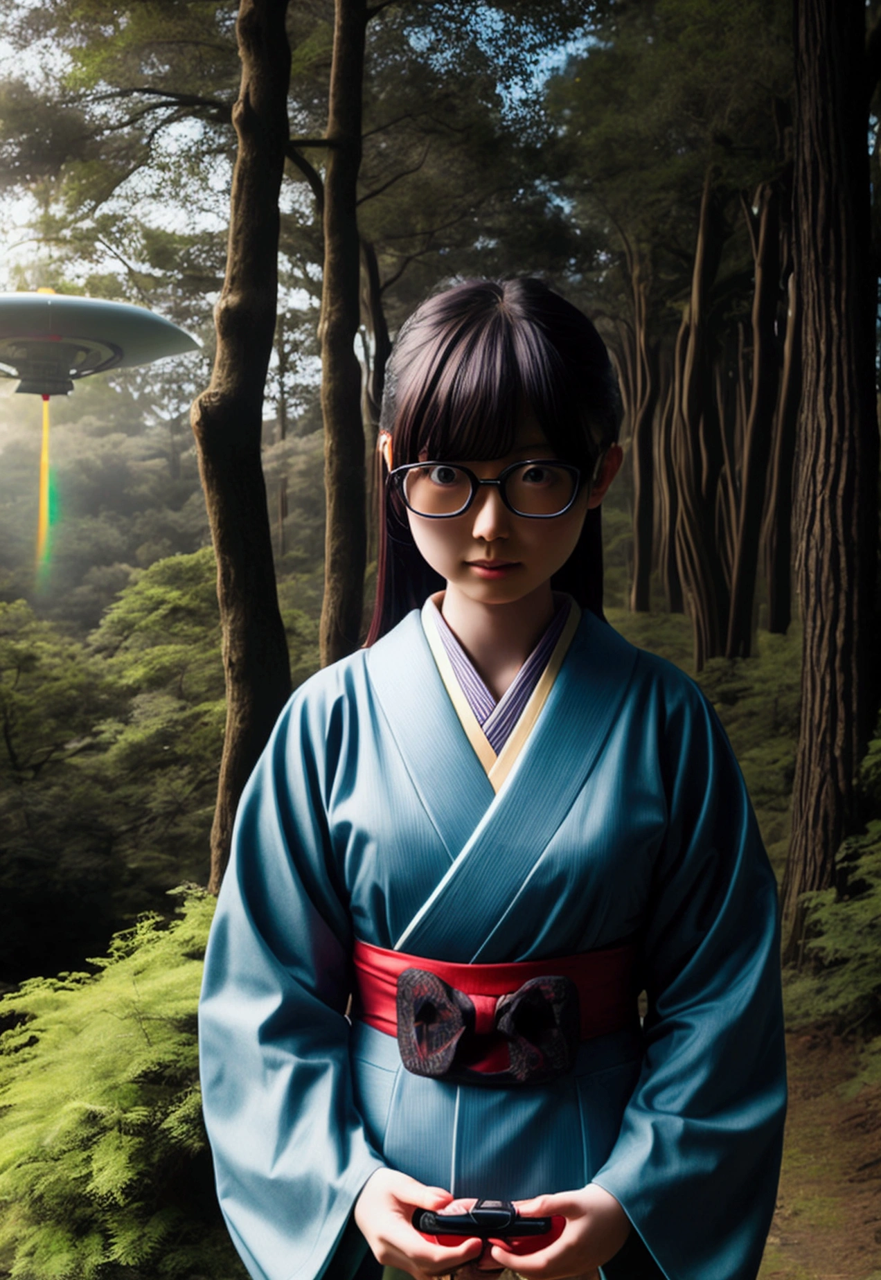 nerd girl japanese in a forest with ufo flying over the sky upper