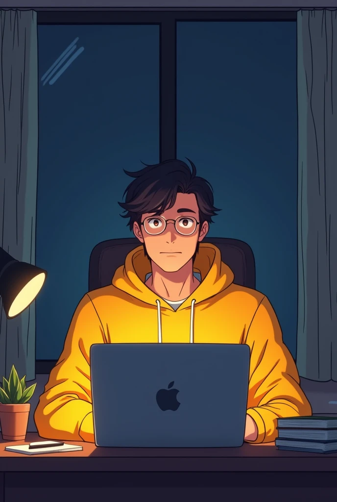 ANIME FRIENDLY LOOKING MALE BUSINESS CHARACTER WHO IS WEARING , A YELLOW HOODIE
. HE IS SITTING BEHIND HIS LAPTOP IN HIS OFFICE, ARMS ON HIS DESK. IT IS NIGHT. THE ROOM HAS VOLUMETRIC
LIGHTING. HE IS FRONT FACING TO THE CAMERA, LOOKING STRAICHT AND CENTERED, CENTRAL PORTRAIT, SITTING STRAIGHT, FRONT VIEW, CENTERED LOOKING STRAIGHT. THE OVERALL AMBIANCE OF THE IMAGE SHOULD CONVEY A CONNECTION TO MINIMALISM, FLAT ILLUSTRATION, BOLD LINE, MINIMALISM, SIMPLIFIED, GOUACHE ILLUSTRATION. 8K RESOLUTION