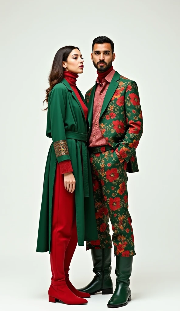 woman and man wearing green red classic suit with lot of palesteinian pattern ,oversize pants, white shirt ,kufia , high boots ,white background , model , photoshooting ,