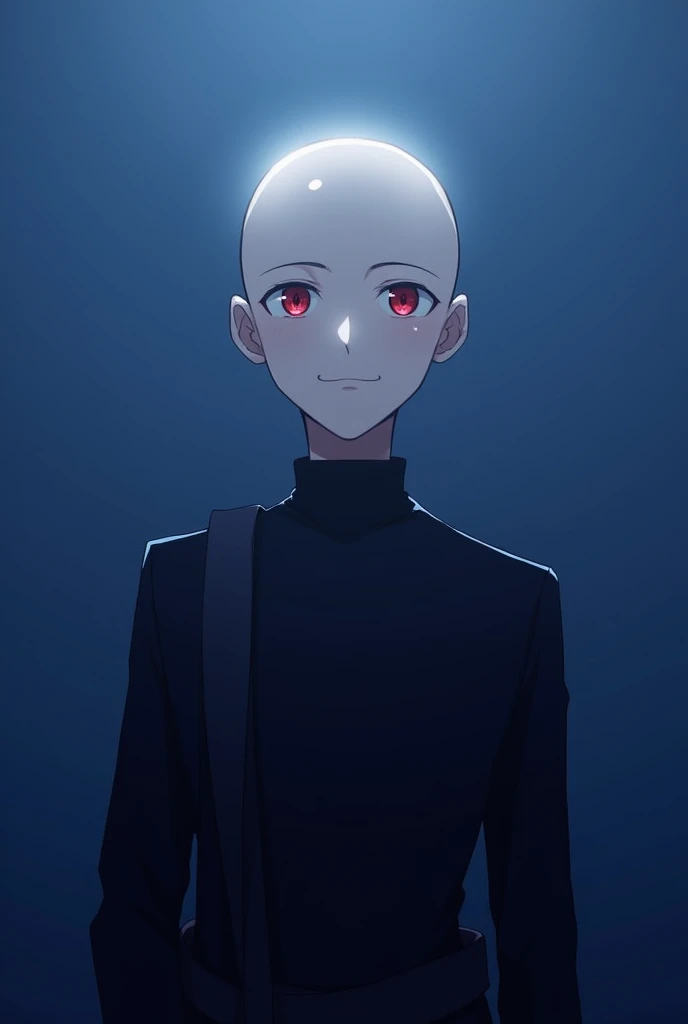A man with red eyes and no hair on his head. A detailed anime-style portrait of a young character standing with no hair on his head. His face looks clear. He looks forward normally with a slight smile. It is seen that he is not wearing any clothes The plane in the background is one color