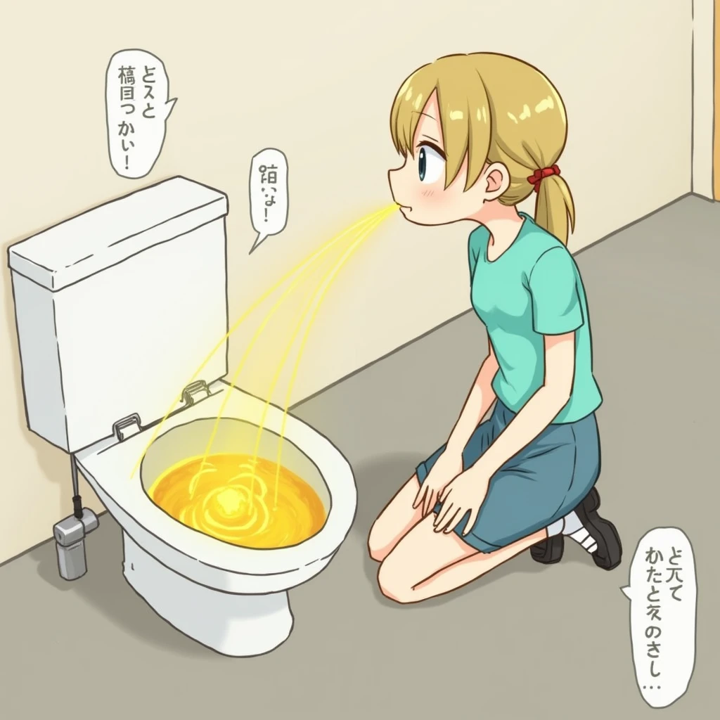 Hot woman in jeans is desperate to pee. She is waiting at the bathroom, bending over, and trying to hold it in, woth he hands on her crotch. Pee is dripping from her crotch in a yellow streaming, puddling on the floor.