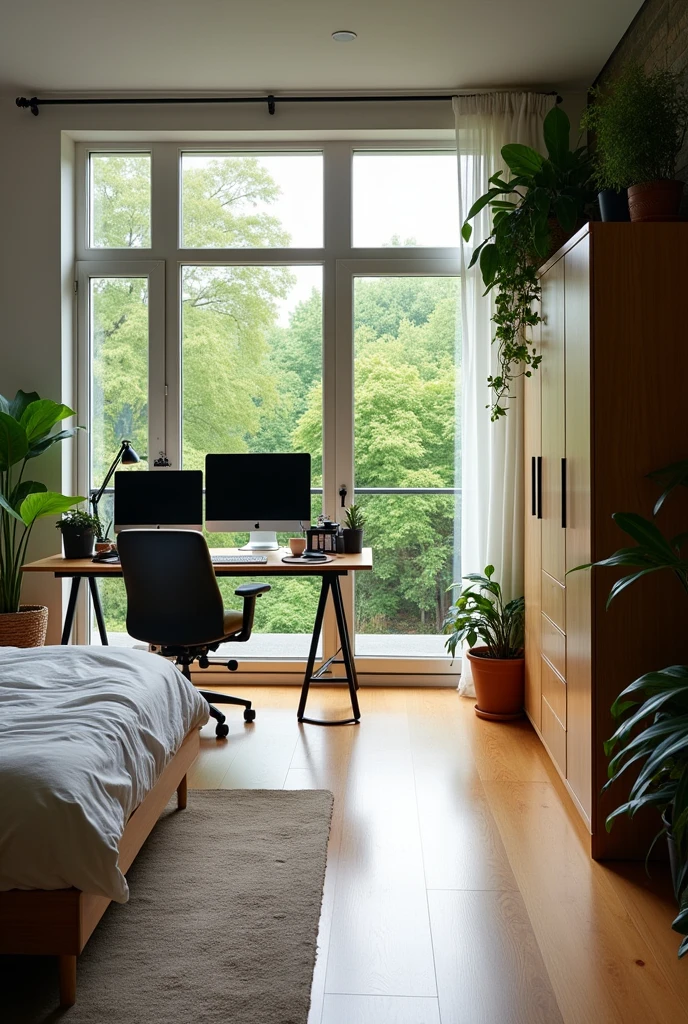 programmer&#39;s room. With a park view and balcony.  with a chair, Chair, Wardrobe, A bed, A carpet in the center and a wild plant on the wall. And everything for a programmer on the table, two monitors are a must. Minimalist style 