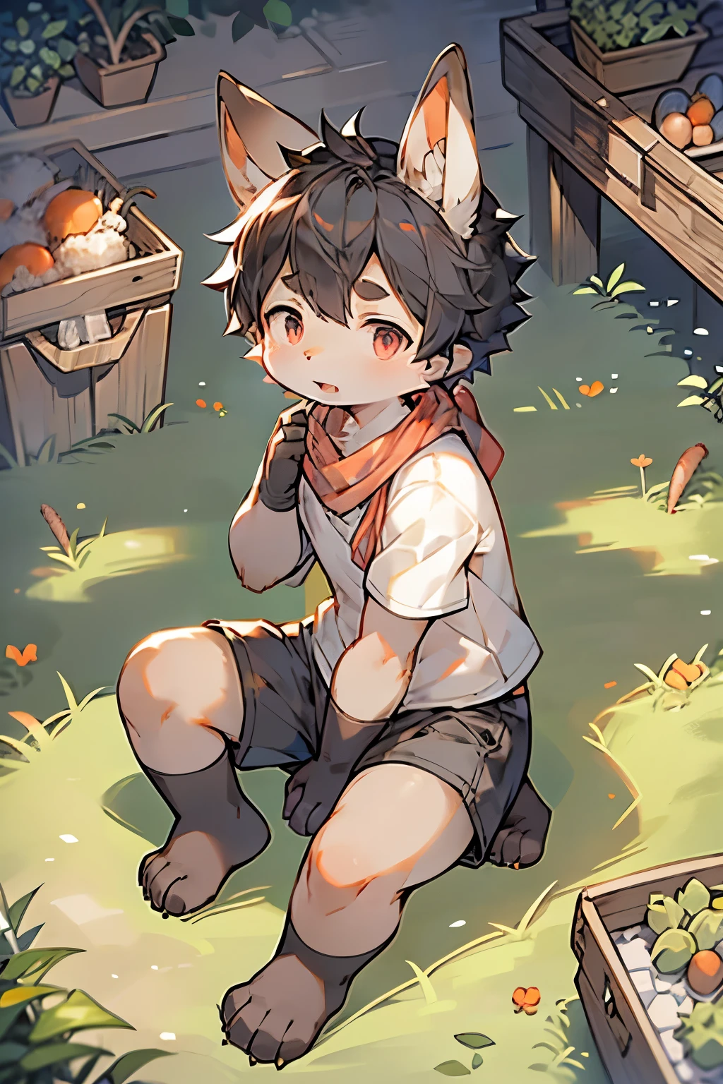 Dwarf Rabbit Boy，Bunny ears，Furry boys，Infant and  characteristics，White skin，Gray Arm，Little Feet，Red pupil，scarf，Short sleeve，shorts，vegetable garden，Carrot pile