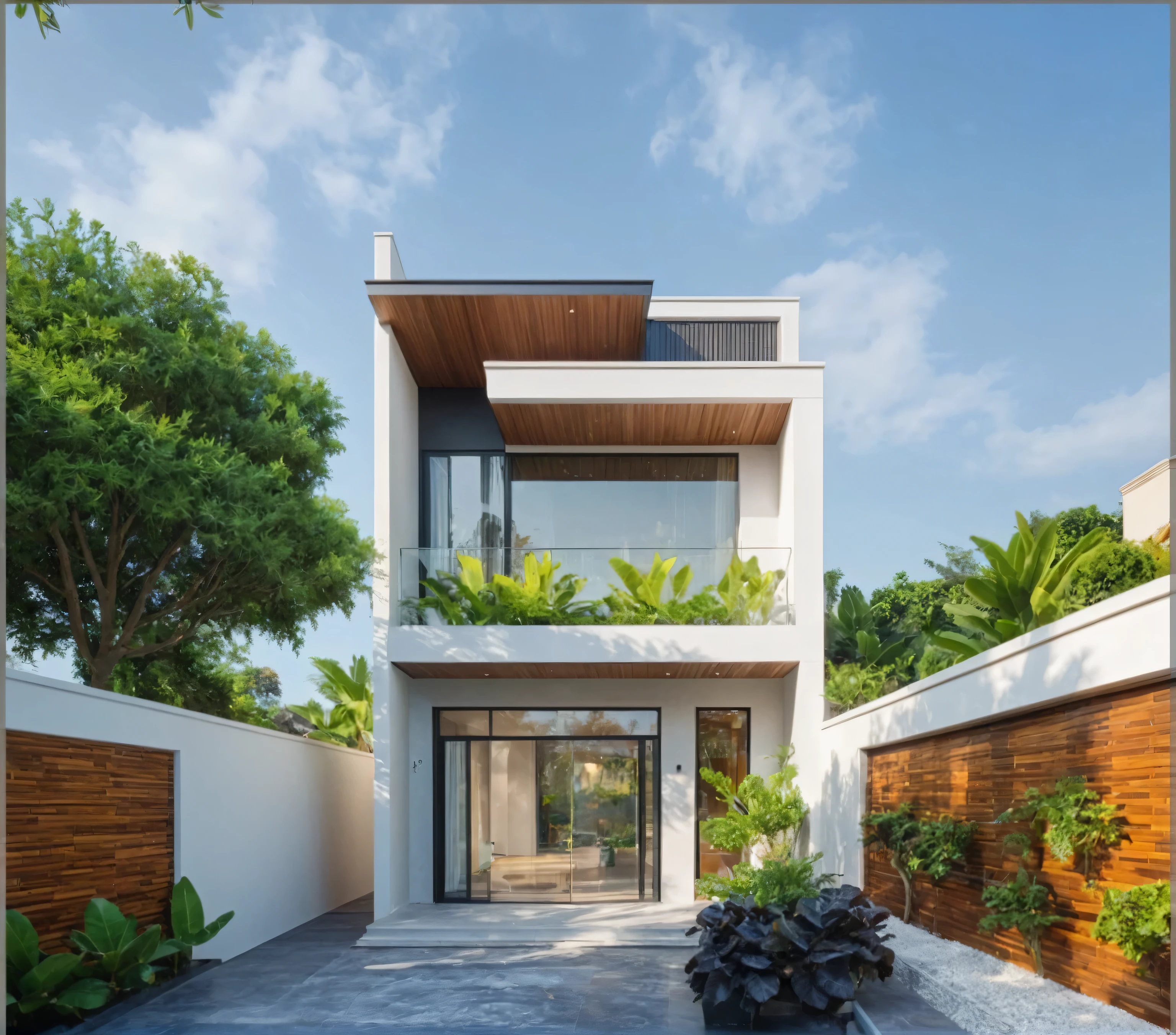 modern villa on street, (daylight), tropical tree, green shrub and plants, vivid color, streetcapes, minimalist design, brigth grey tone, (large glass door:1.2), warm interior lighting, modern material, best quality, ultra realistic, masterpiece,