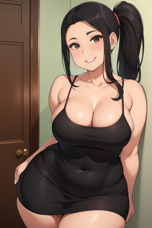 High resolution, a mature hispanic girl, (((bimbo))), thick, long black, ponytail, she is smiling , very big wide hips, thick thighs, hourglass figure, small round breast, wearing a black dress which is tight and short, view from random angle