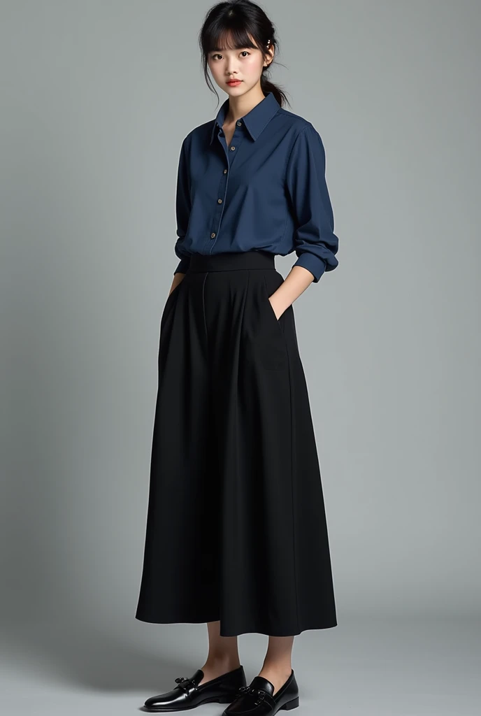 beautiful girl, American Chinese, with blue eyes and bangs, hair bun with chinese hairpins, 22, Dark blue shirt, Black long culotte skirt, Comfortable loafers, outfit Stylish Elegant Comfortable Confident Minimalistic Restrained Classic Modern Practical Laconic; courageous character, Kind, Brave, determination